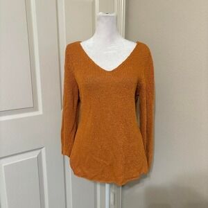 Eileen Fisher sz M viscose linen knit 3/4 sleeve wide vneck top yellow orange